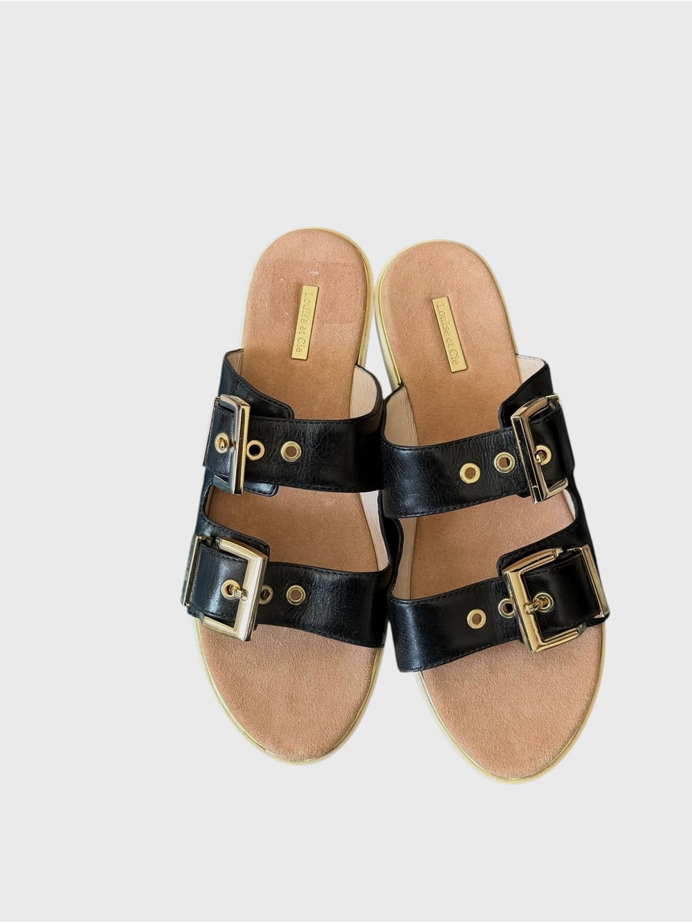 Louise et Cie Lairde Black Double-Buckle Slide Sandals with Gold Hardware